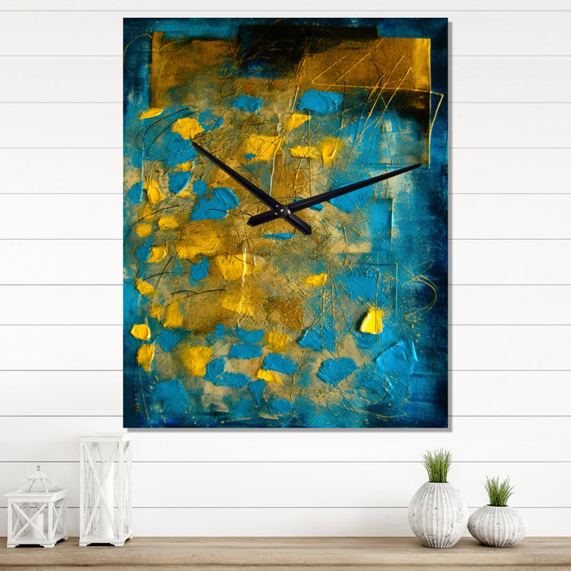 Horloge murale abstraite lyrique en bleu et jaune I - Collages abstraits, H 40 po x l 30 po x P 1 po