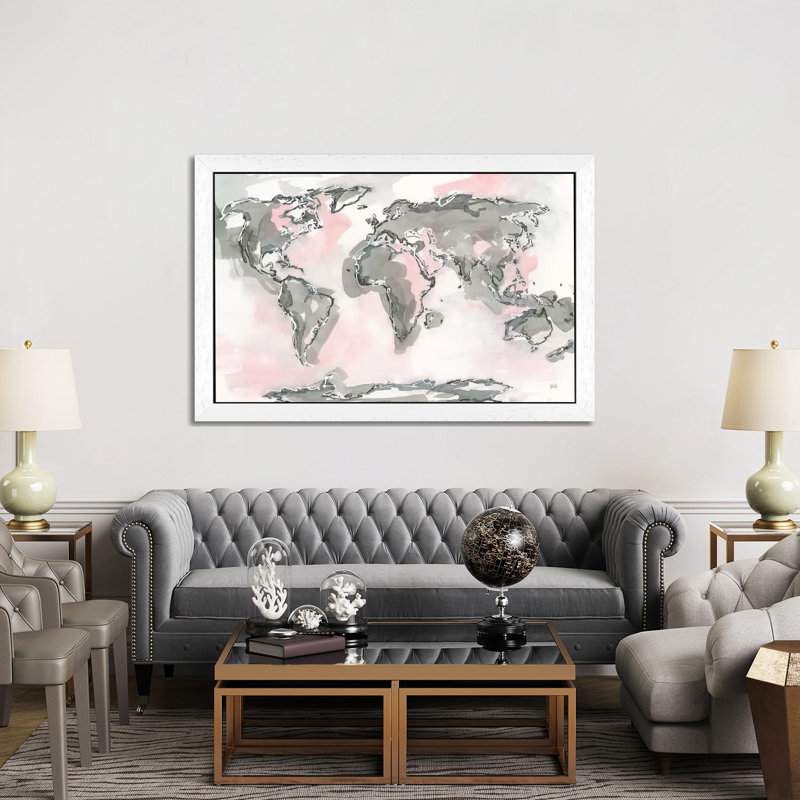 World Map Blush by Chris Paschke - Painting on Canvas, 152.5 cm H x 101.5 cm W, White Floater Framed