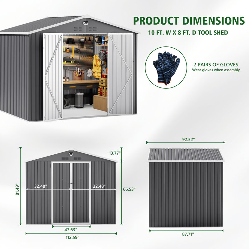 Remise de rangement pour outils en métal l 10 pi x P 8 pi avec lumières DEL et bouches d'aération, noir, 10 pi x 8 pi