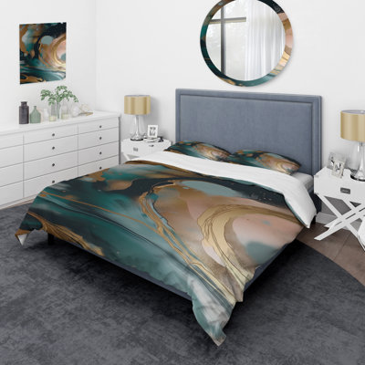 Gold And Green Abstract Marble Harmony Swirls I - Abstract Marble Duvet Cover Set