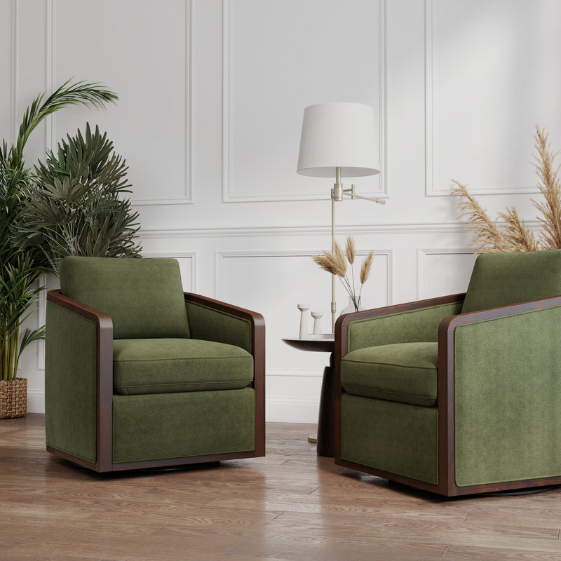 Clarisse Solid Wood Upholstered Swivel Armchair, Green