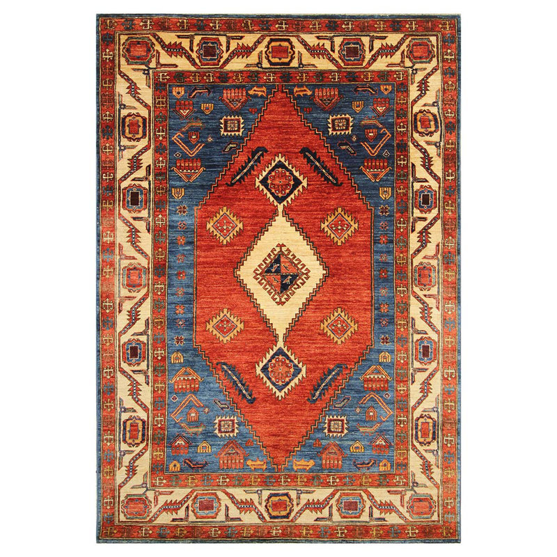 Tapis unique rouge / beige / bleu noué à la main de haute qualité