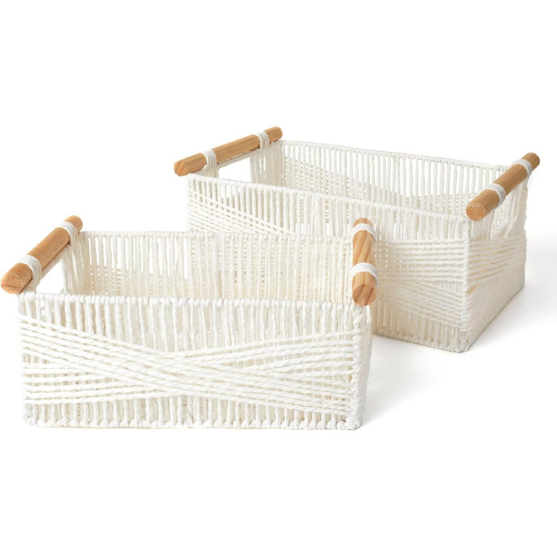Wicker Storage Baskets For Organizing, Recyclable Paper Rope Basket With Wood Handles, Decorative Hand Woven Basket Organizers For Makeup Books Shelves Living Room, Set Of 2