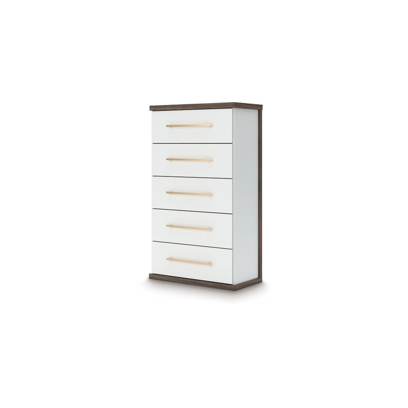 Keny Tall Dresser Chest, 5 Drawers With Gold Metal Handles, Brown And White