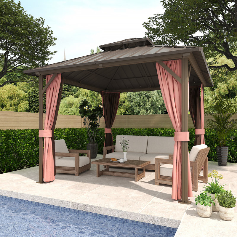 10x10 FT Heavy - Duty Aluminum & Galvanized Steel Gazebo with Double Roof, Mosquito Netting & Privacy Curtains - All - Weather Patio, Backyard & Poolside Shelter