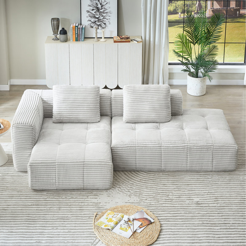 L-Shape Modular Compressed Couch, 3 Cloud Sectional With Chaise Lounge, Corduroy Upholstered For Apartment, Comfortable Spring Cushions, Modern Minimalist Atmosphere, Grey, No Assembly Required