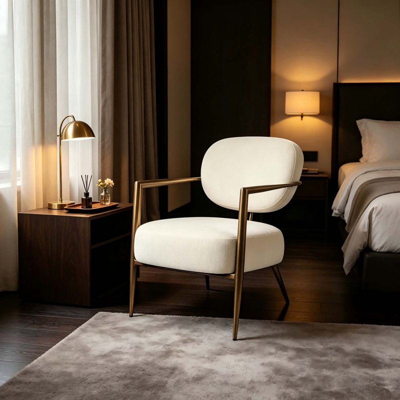 Chaise d'appoint Mid-Century moderne avec structure en métal et tissu texturé moelleux, White