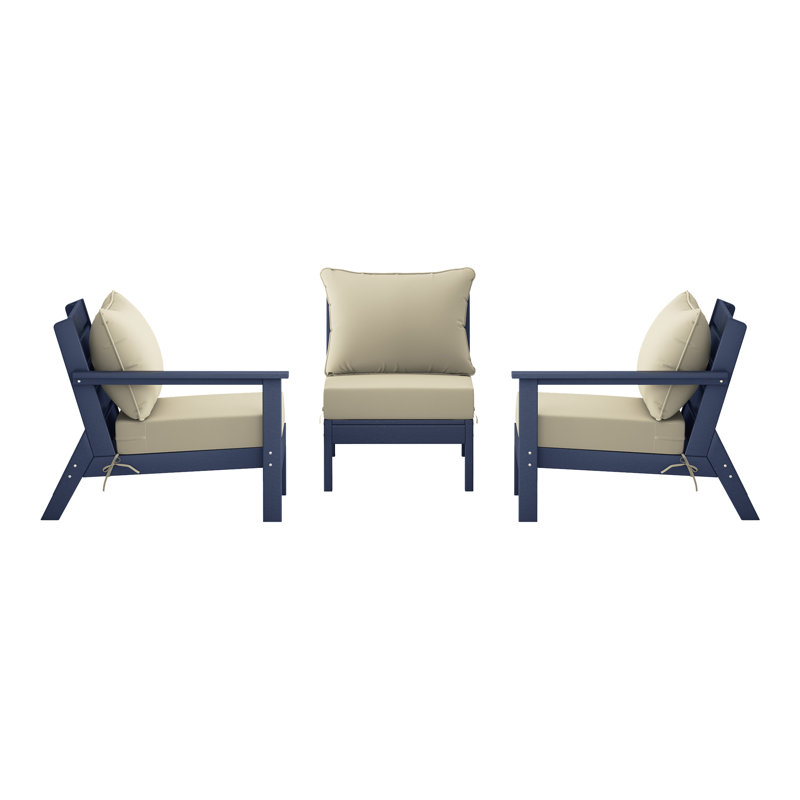 3-Piece Deep Seating Set With Cushions, Beige, Navy Blue