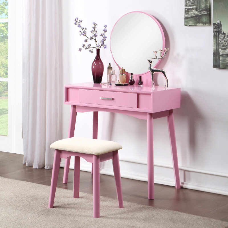 Contemporary Wood Vanity And Stool Set, Pink