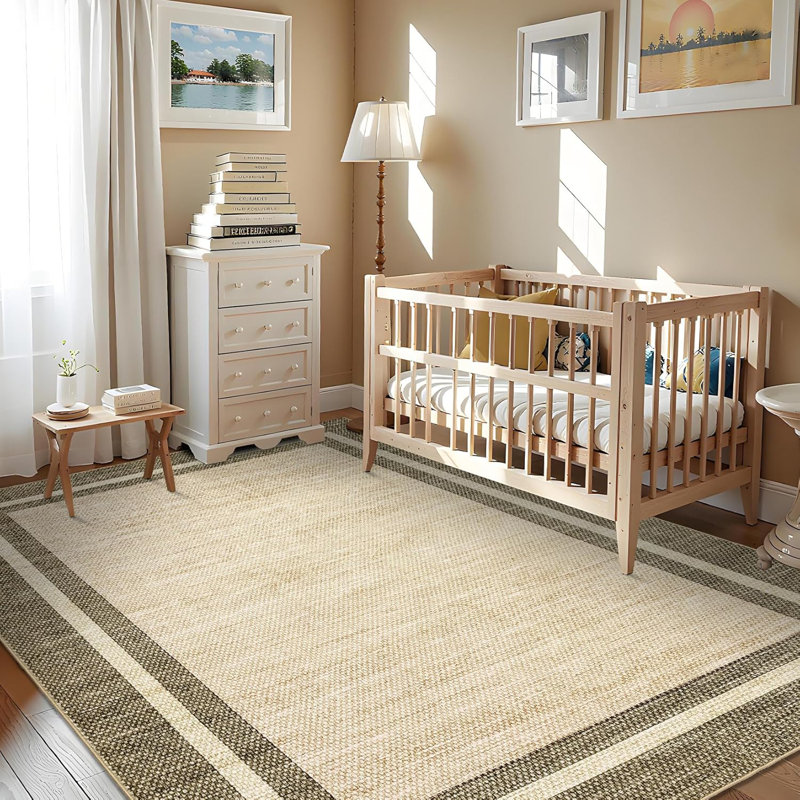 2x6 Washable Neutral Runner Rug – Minimalist Bordered Print, Non-Slip TPR Backing, Soft Thin Mat for Entryway, Kitchen (Black)
