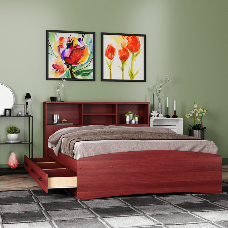 Monira Bed Frame With Storage & Headboard New Design, Mahogany, Full