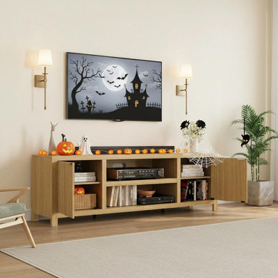 Meuble télé cannelé pour meuble télé moderne de 80 pouces avec tablettes réglables, meuble télé et meuble multimédia à 2 niveaux pour le salon et la chambre à coucher