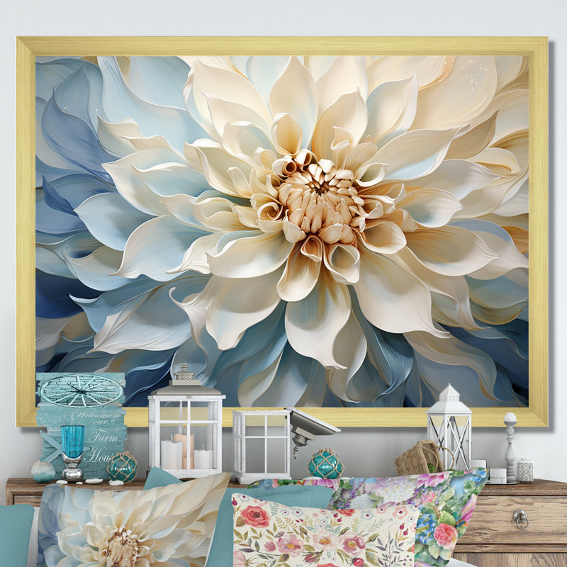 Blanc et bleu fleur de dahlia minimalisme - art mural dahlia, H 16 po x l 32 po x P 1 po, Cadre doré