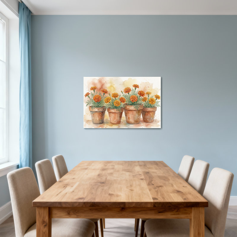 Plantes et fleurs, pots de fleurs avec souci, art aquarelle, H 24 po x l 36 po