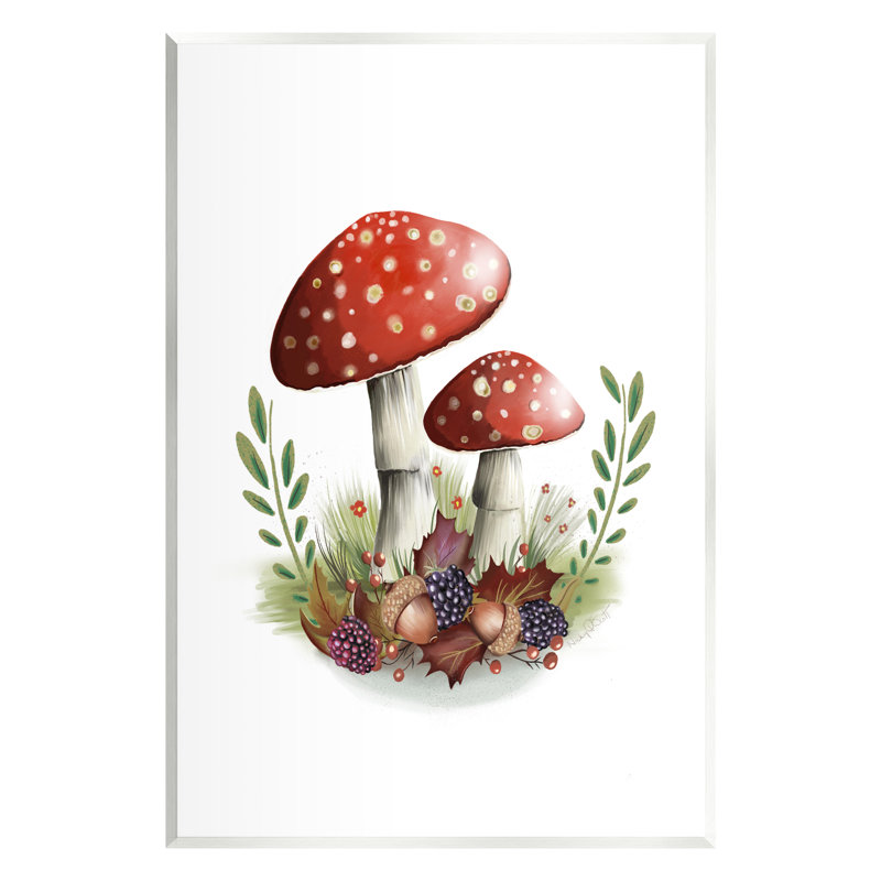 Az-384 - Champignons rouges et glands encadrés, H 19 po x l 13 po x P 0,5 po