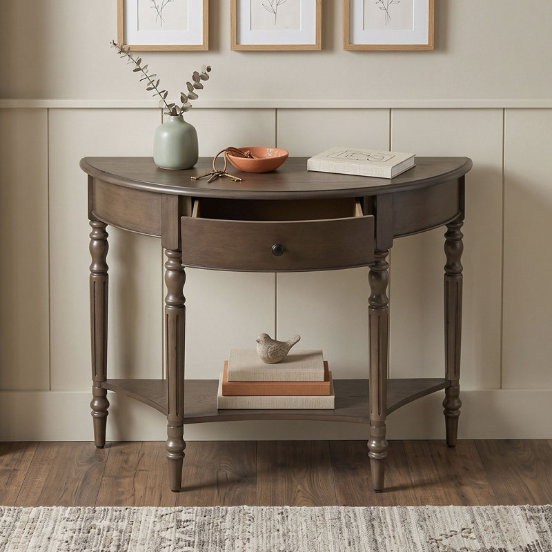 Console demi-lune de style champêtre avec tiroir et tablette inférieure pour entrée