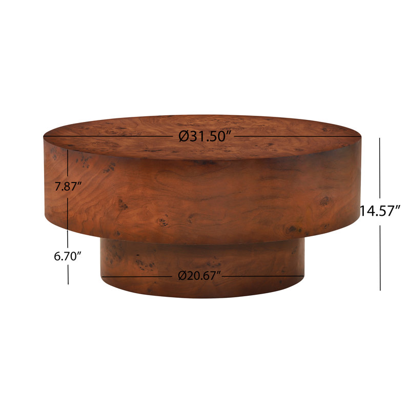 Eames Modern Organic Burl Veneer Round Coffee Table with Thick Top and Pedestal Base, Walnut