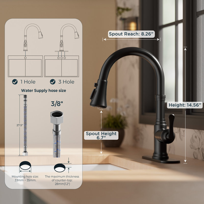 Robinet de cuisine rétractable à poignée simple avec plaque de pont, Noir mat