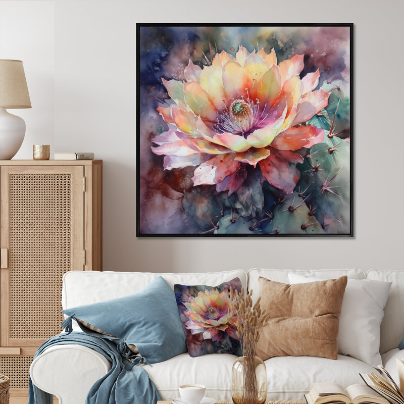 Paysage de cactus rose vert Rozeena sur toile, Cadre photo noir, H 16 po x l 16 po x P 1 po