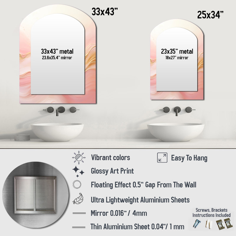 Miroir mural moderne doré et rose Soft Wave Fusion II - Beige, 34 po x 25 po
