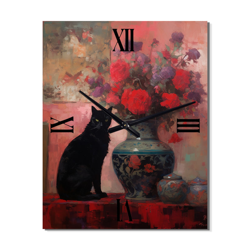Peinture d'un chat noir avec fleurs rouges, Grand