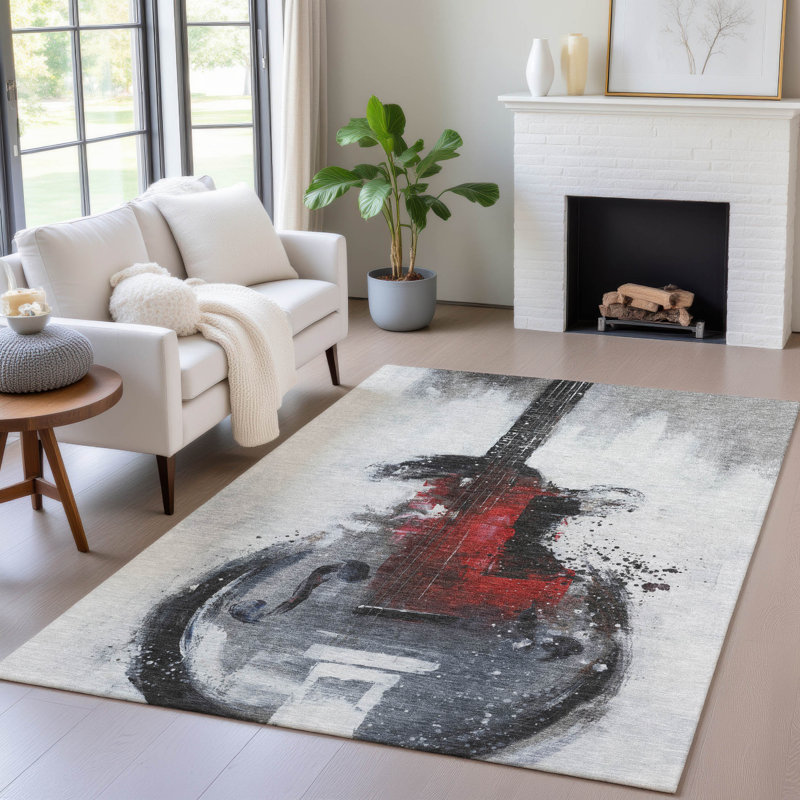 Tapis intérieur / extérieur gris lavable à la machine Xhevrie, Rectangulaire 3 pi x 5 pi