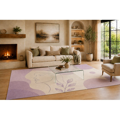 "Ultra Light Weight" Large 6'7" x 9'10" Lavender and Cream Feminine Leaf Art Area Rug for Living Room, Soft Low Pile Carpet with Non-Slip Backing for Bedroom, Dining Room and Office