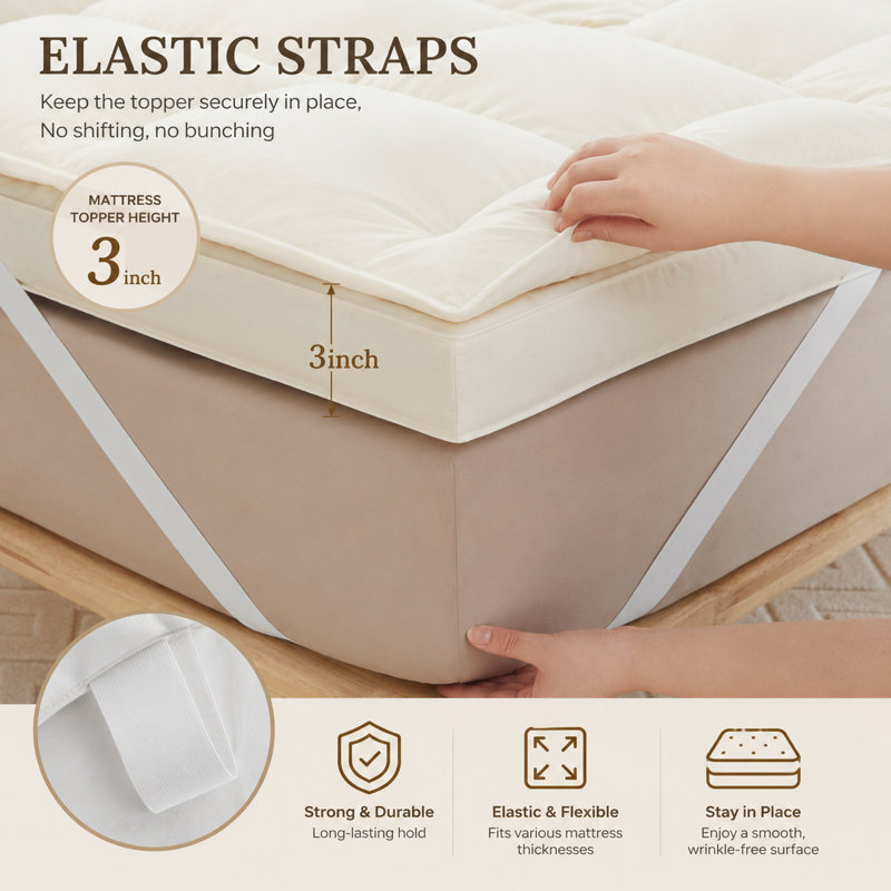 Ultra Plush 3inch Thick Feather Bed Mattress Topper, 100% Organic Cotton Shell, King