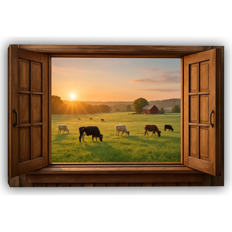 Pâturages au coucher du soleil - vue encadrée de bovins brouteurs, H 30 po x l 40 po