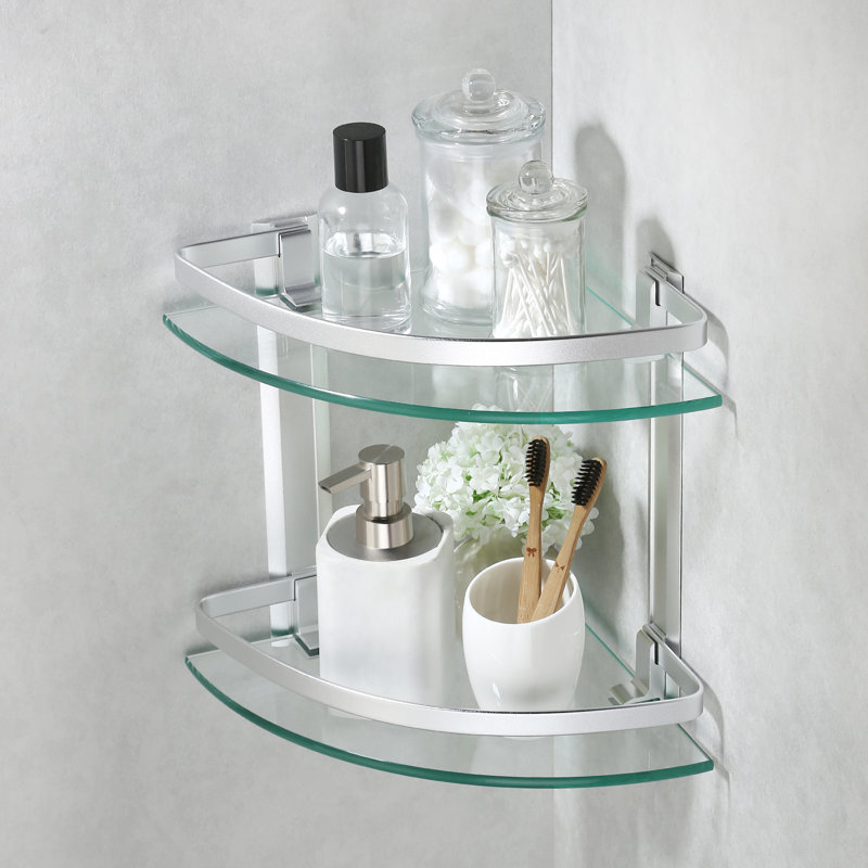 Glass Corner Shelf Bathroom, Corner Glass Shelf With Rail Wall Mount 2 Tier Sand Sprayed Silver Finish