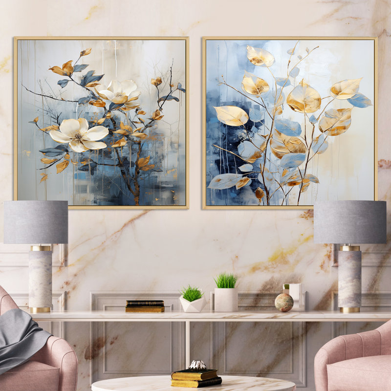 Ensemble de 2 collages carrés floraux beiges et bleus, Cadre flottant brun, H 30 po x l 61 po