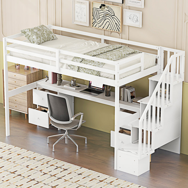 Structure de lit mezzanine avec bureau intégré et tiroirs de rangement doubles, Blanc