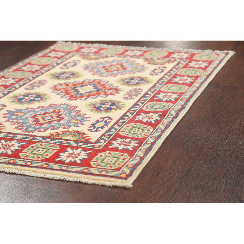 Tapis beige / rouge en laine noué à la main de conception unique 2 pi 8 po x 4 pi 3 po New Age