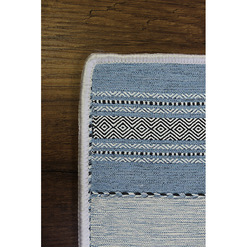 Tapis rayé en polyester tissé à la machine en bleu / gris, Rectangle 4 pi 7 po x 7 pi 3 po
