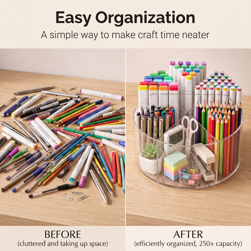 Organiseur de bureau rotatif à 360° en acrylique avec poignée, porte-stylos transparent à 6 compartiments pour fournitures de bureau, pinceaux de maquillage, outils artistiques, coiffeuse et organisation de bureau