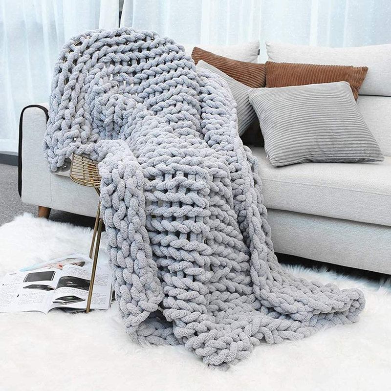 Knitted Throw Blanket, Blue, 59 x 79