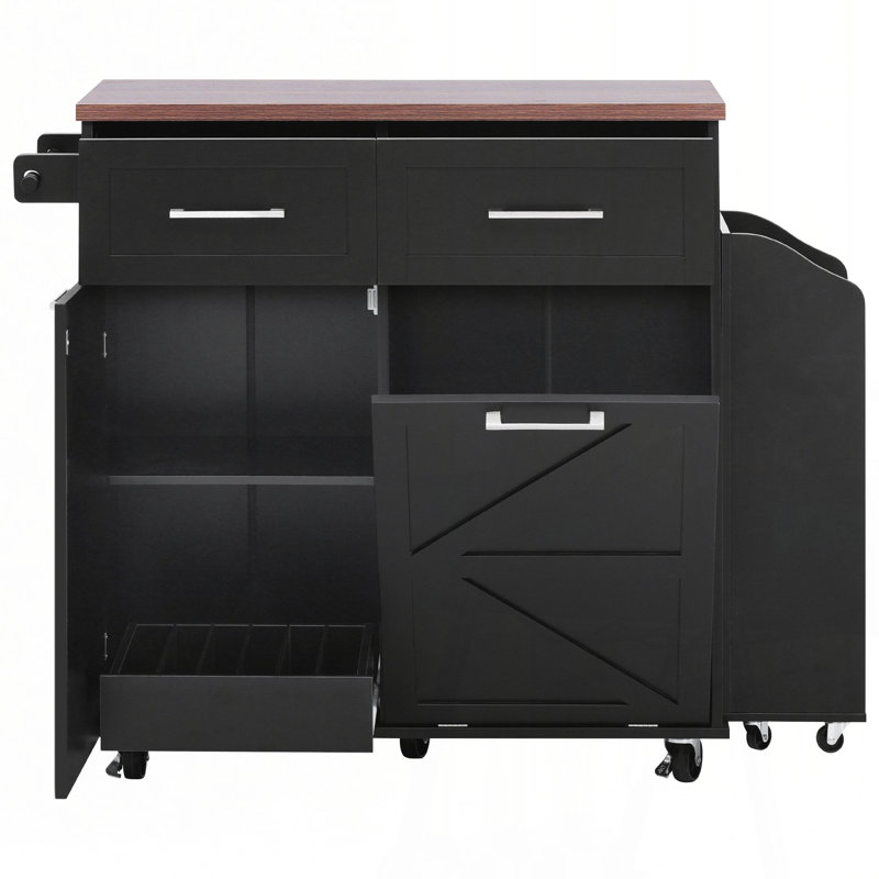 K&K 47.2" Farmhouse Kitchen Island with Drop Leaf, Kitchen Storage Island with Removable Side Racks, Two Drawers, Rolling Kitchen Cart on Wheels with Towel Rack, for Home, Kitchen, Dining Room, Black