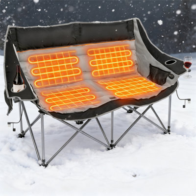 Heated Loveseat Camping Chair For Two, Portable Folding Double Chair With 3-Level Heat & 4-Zone Heating For Outdoor Sports And Camping (Battery Not Included)
