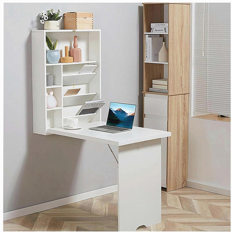 Bureau convertible mural pliable, bureau flottant multifonctionnel avec tablette de rangement pour bureau personnel, blanc