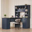 Bureau L 65 po bleu antique - 11 tablettes ouvertes, 2 tiroirs + 2 armoires, prise de courant encastrée, 66 po de hauteur, bureau de travail / bureau / centre de beauté-1395395453