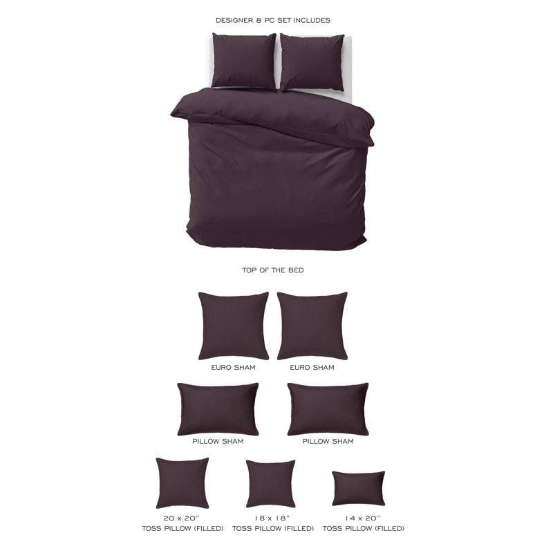 Elsie Linen Look Coverlet 8 Piece Designer Set, Queen Coverlet/Bedspread + 7 Additional Pieces, Eggplant