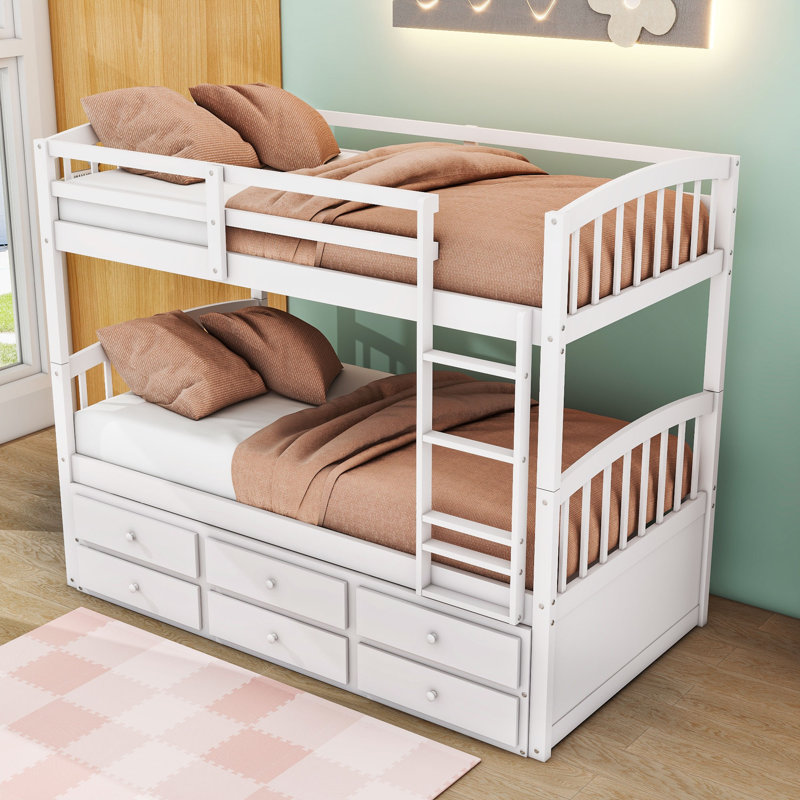 Endijs Kids Twin Over Twin Bunk Bed with Trundle with Drawers, White