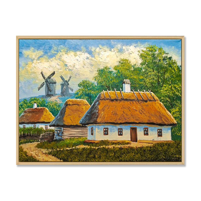 Vieux village rustique, paysage, art mural traditionnel, 30" H x 40" W x 1.5" D, Natural Floater Framed