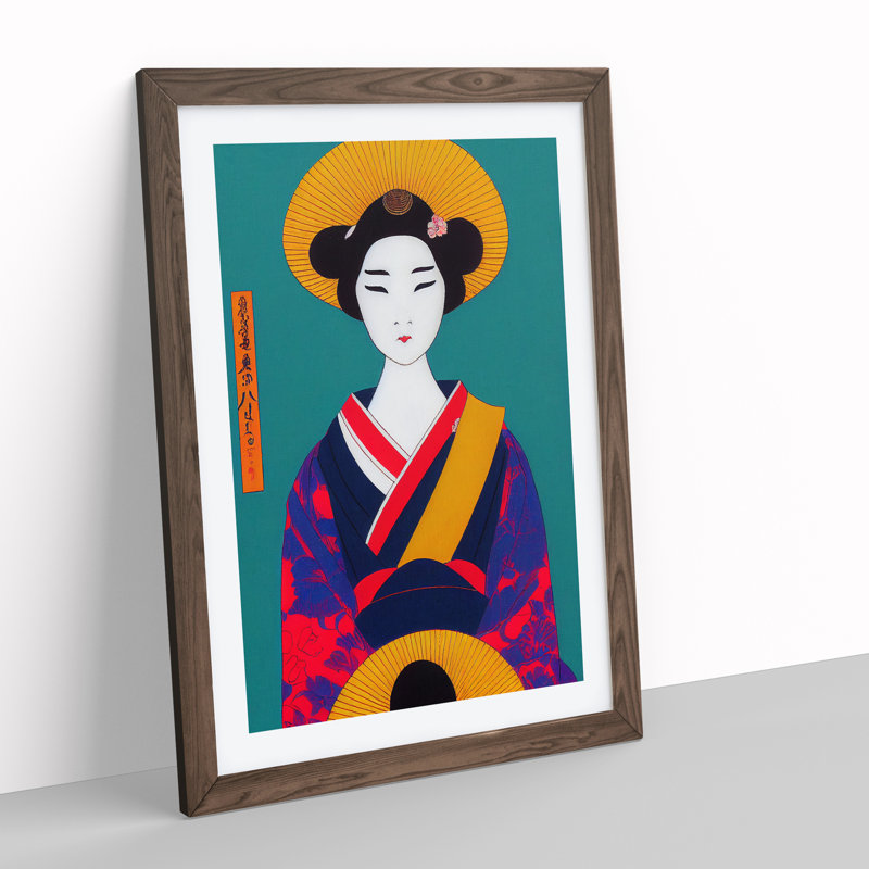 Colourful Geisha No.5 - Single Picture Frame Painting, 46cm H x 34cm W x 2cm D, Walnut