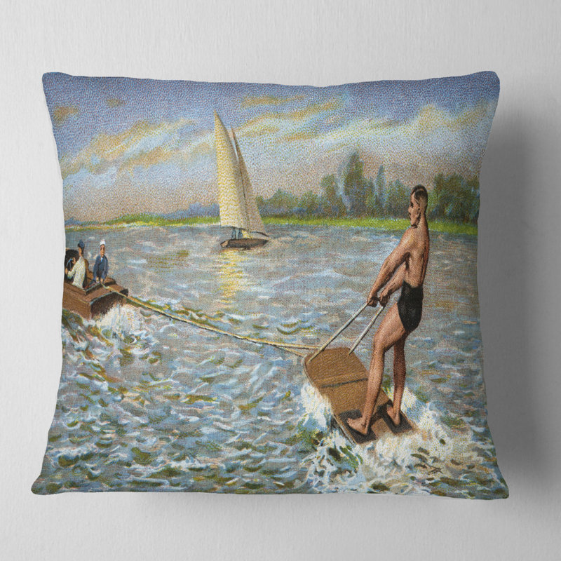 Ski nautique - Coussin à imprimé paysage, 16 po x 1 po, Coussin décoratif