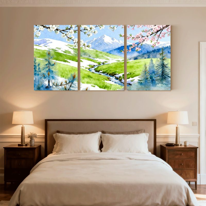 «Landscape & Nature Spring Mountain Landscape With Cherry Blossoms», ensemble de 3 impressions sur toile, H 18 po x l 36 po