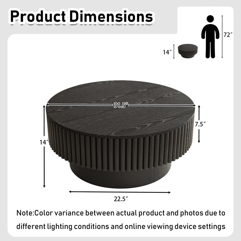 Round Drum Coffee Table with Storage, Black, 14" H x 31.5" W x 31.5" D