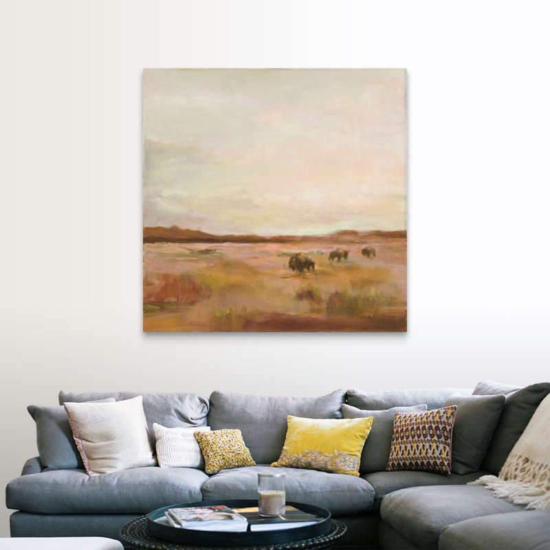 Buffalo Under Big Sky Warm - imprimé, Cadre flottant noir, H 22 po x l 22 po x P 1,75 po