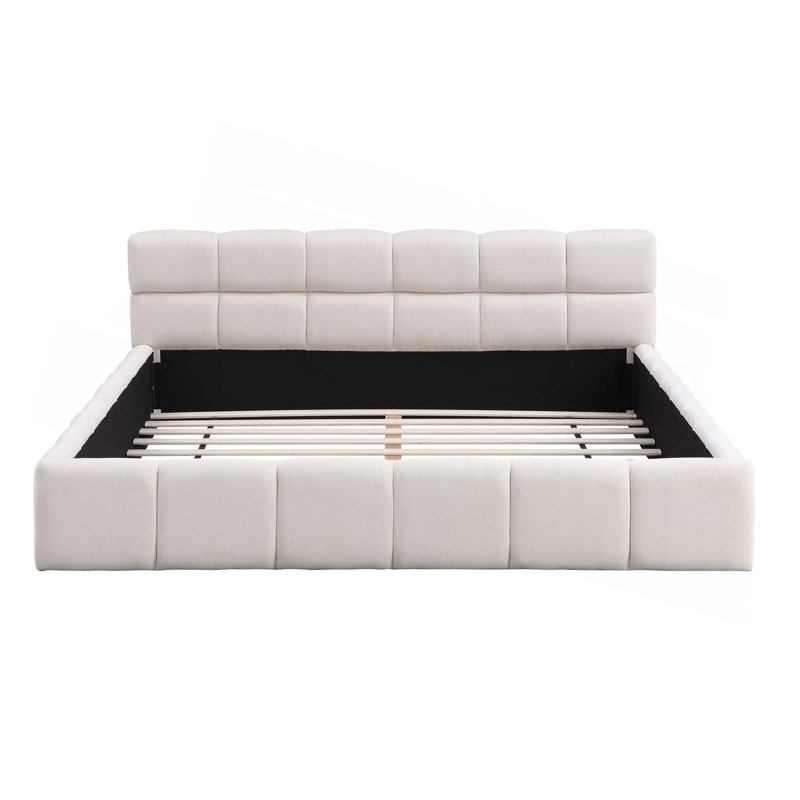 Lit tapissier élégant en chenille beige avec motif à damier, très grand, gris, Très grand, gris
