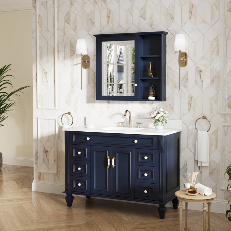 Armoire à pharmacie avec miroir et 2 tablettes fixes l 34 po x H 30 po, Bleu marine